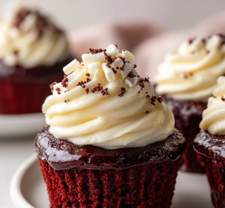 Delicious red velvet cheesecake cupcakes topped with cream cheese frosting