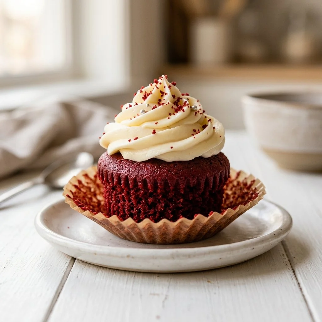 Decadent red velvet cupcakes with cream cheese frosting on a decorative plate