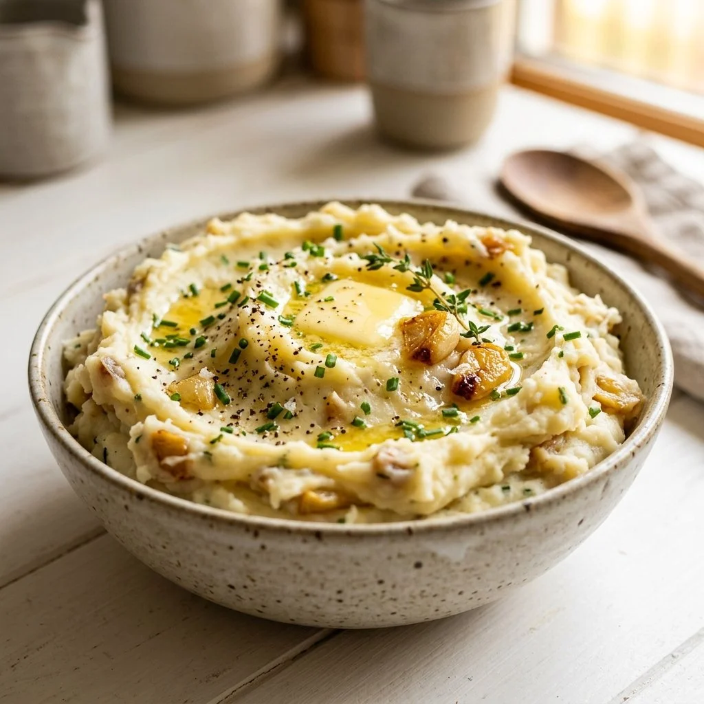 Creamy roasted garlic mashed potatoes topped with herbs