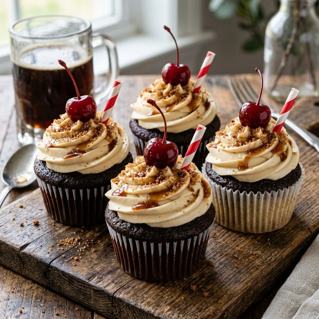 Delicious root beer float cupcakes topped with creamy frosting and root beer syrup.