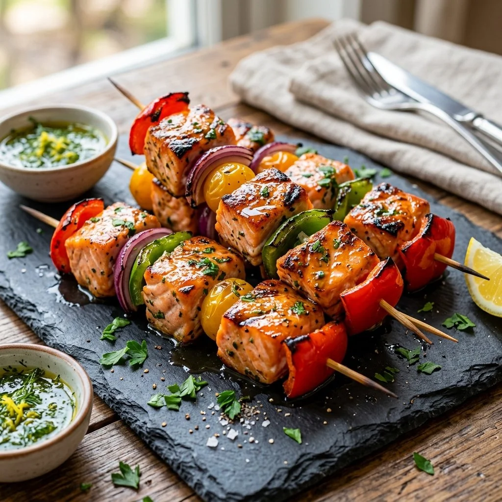 Grilled salmon kabobs with vegetables on skewers ready to serve