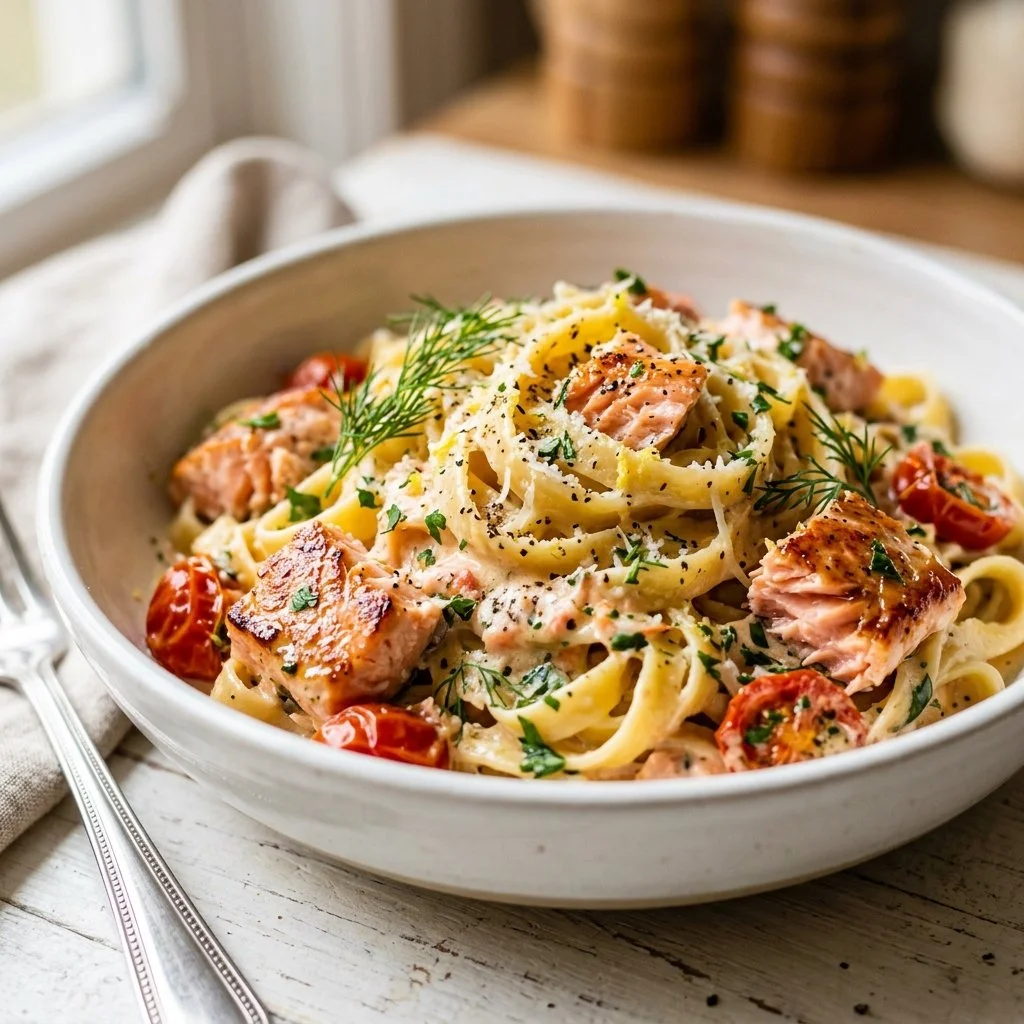 Delicious salmon pasta served with fresh herbs and a creamy sauce.