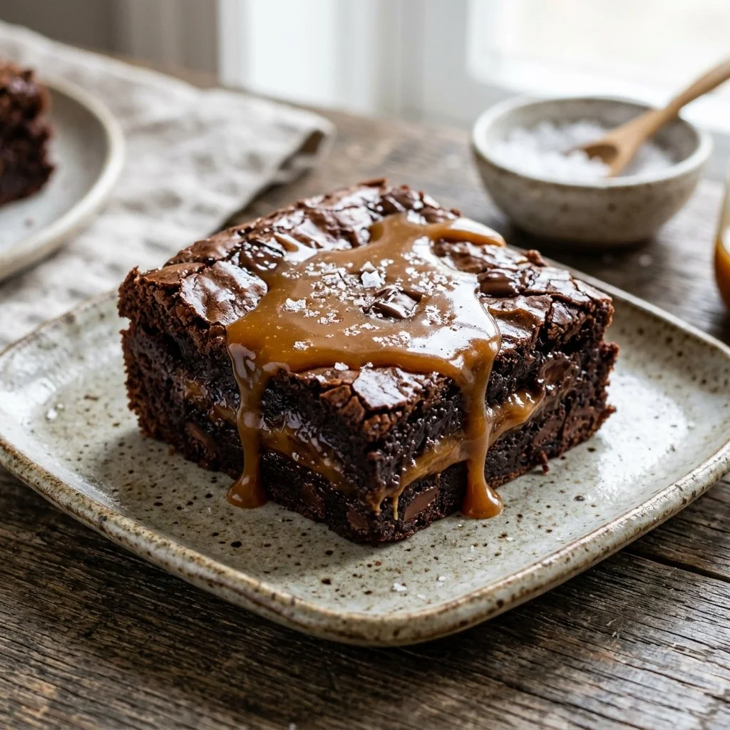 Delicious salted caramel brownies topped with sea salt flakes.