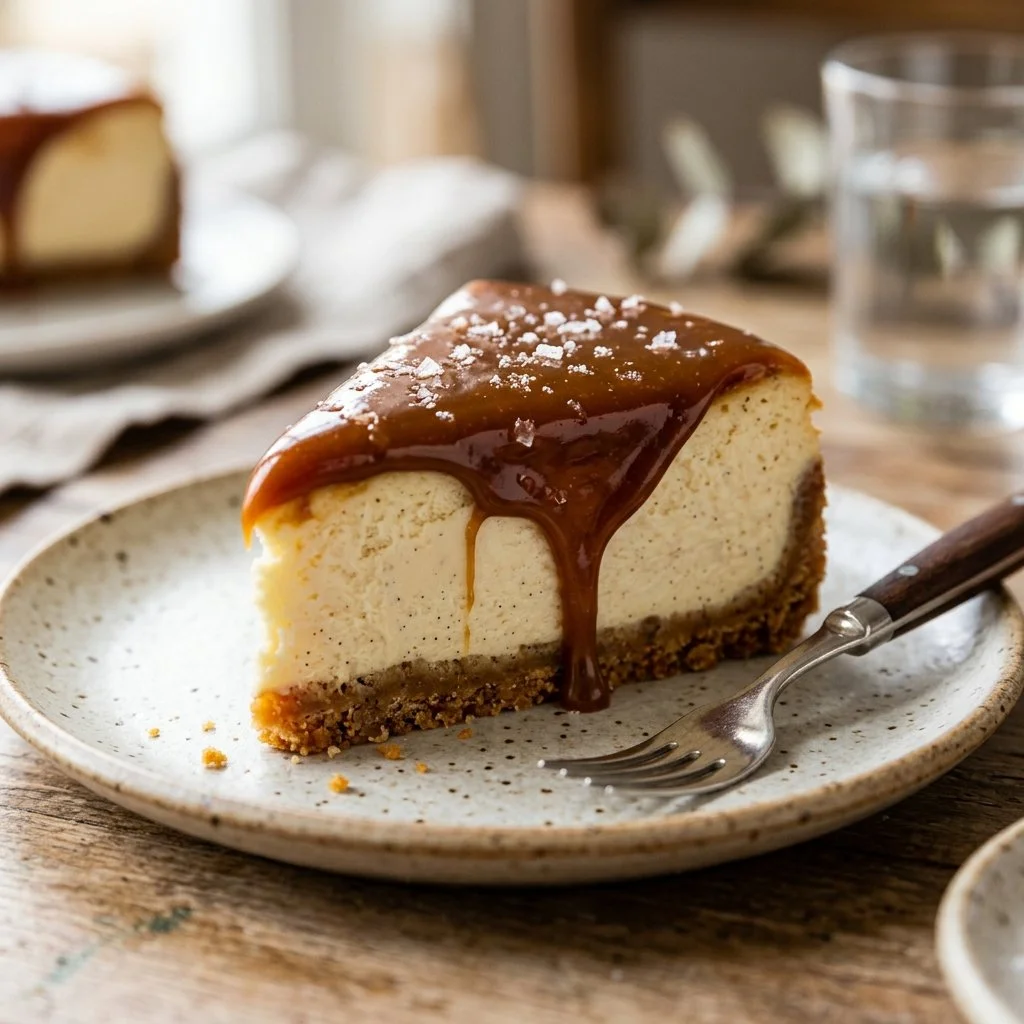 Delicious Salted Caramel Cheesecake topped with caramel drizzle and sea salt