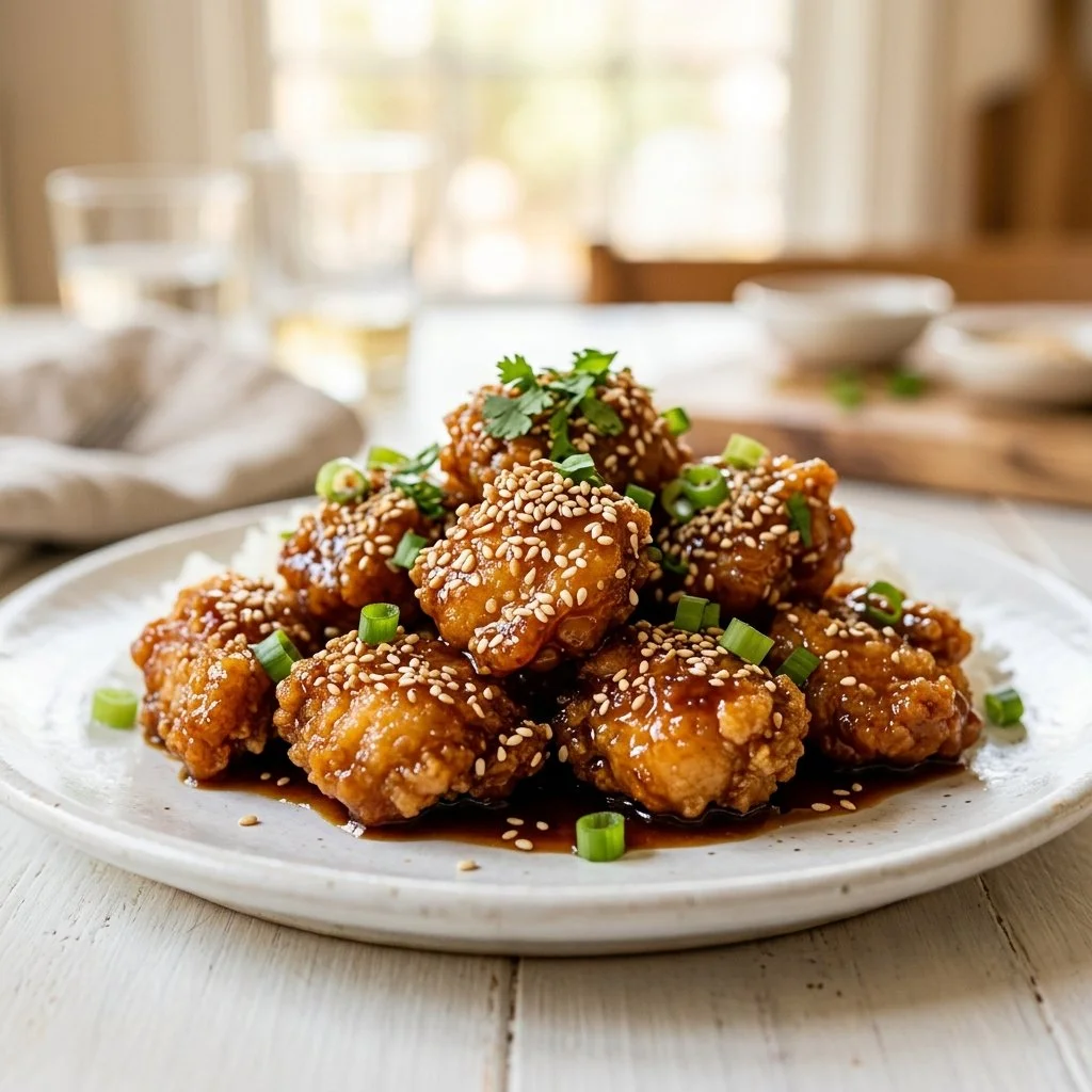 Delicious plate of sesame chicken garnished with sesame seeds and green onions