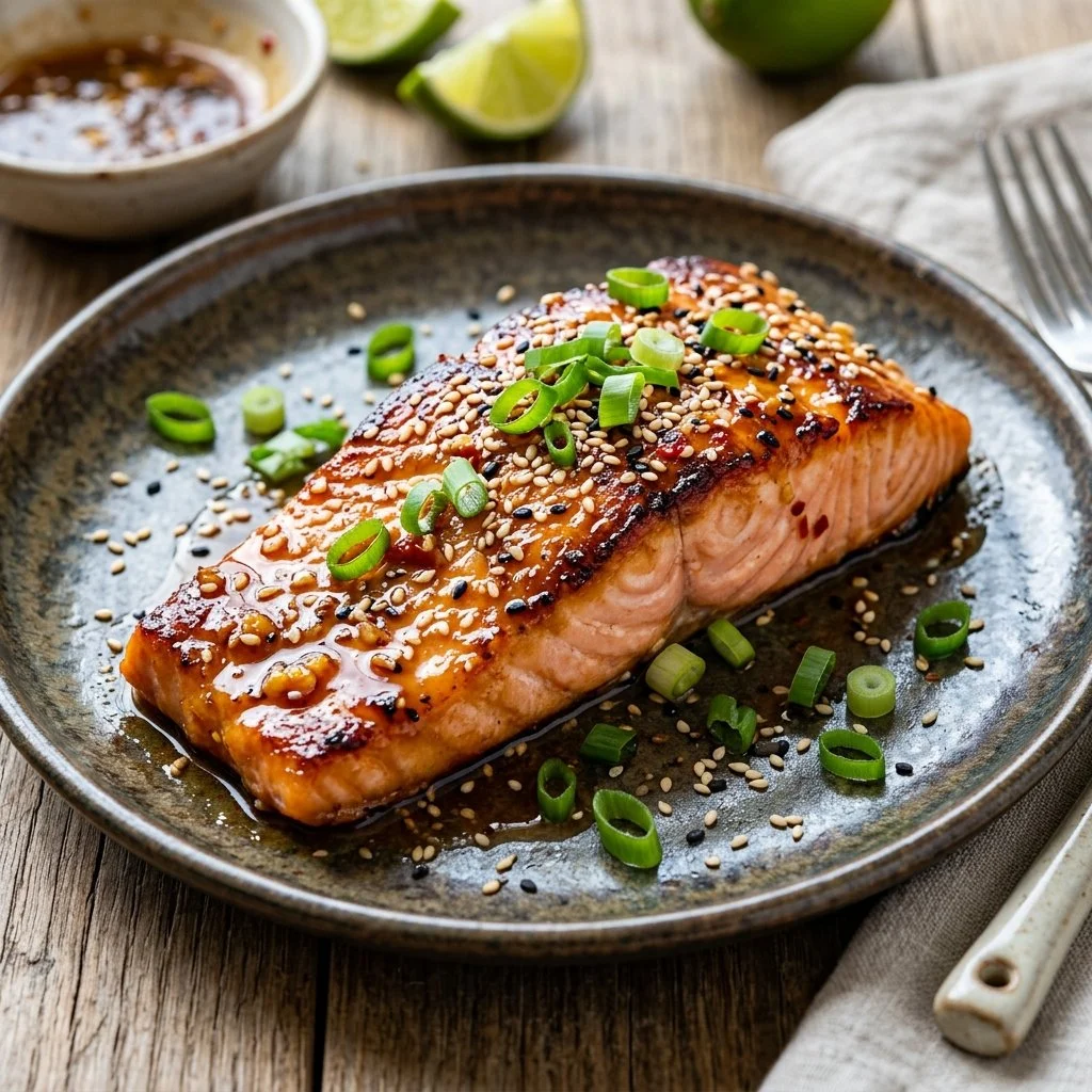 Delicious Sesame Ginger Salmon with herbs and sesame seeds on a plate