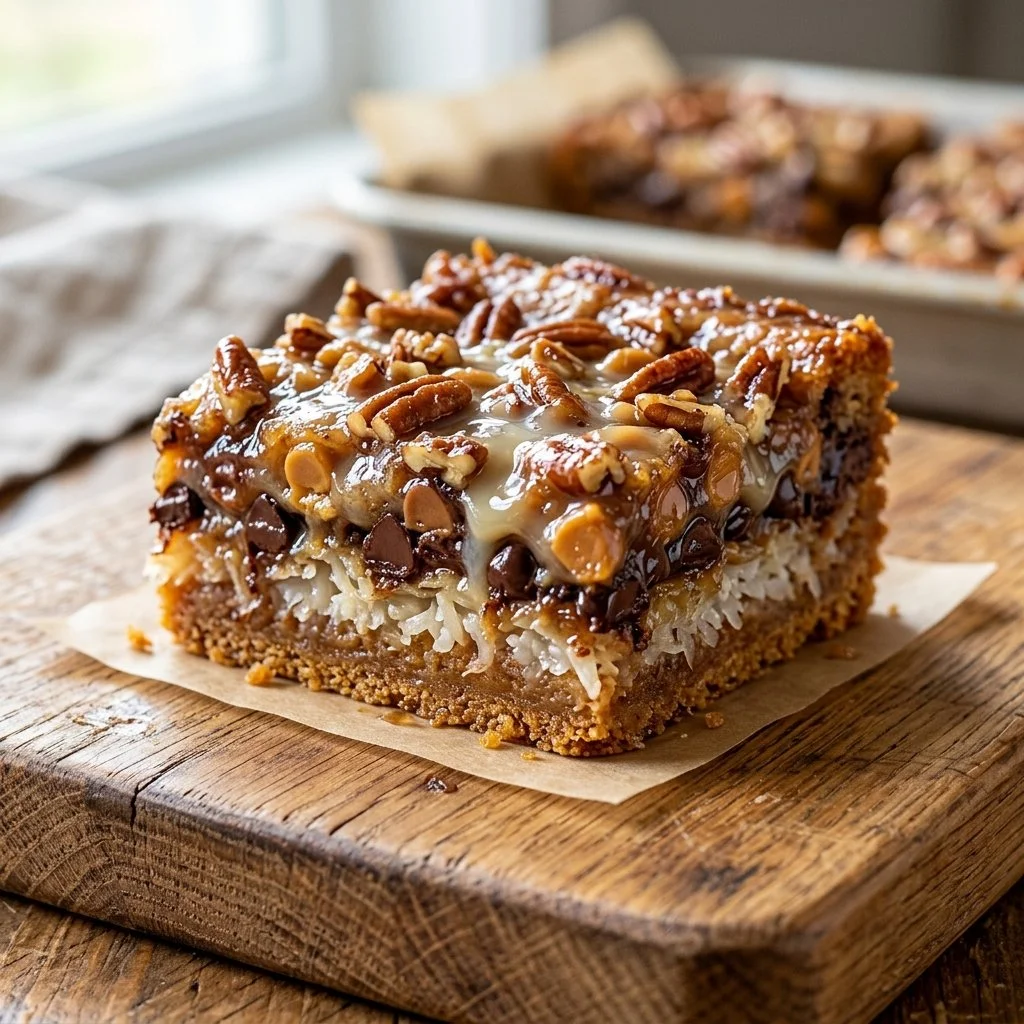 Deliciously layered Seven Layer Bars with chocolate and coconut toppings.