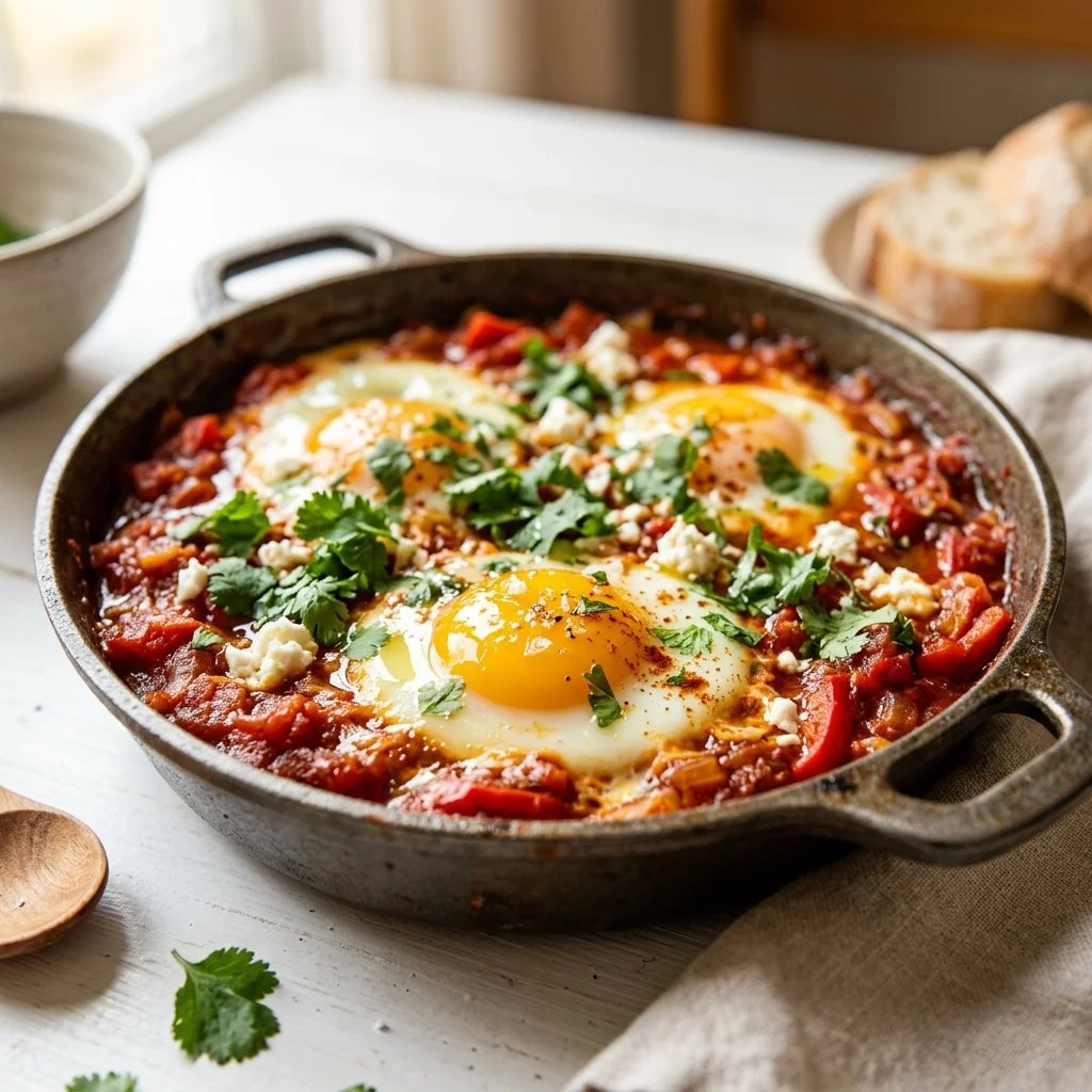 Serving of Shakshuka with poached eggs and fresh herbs