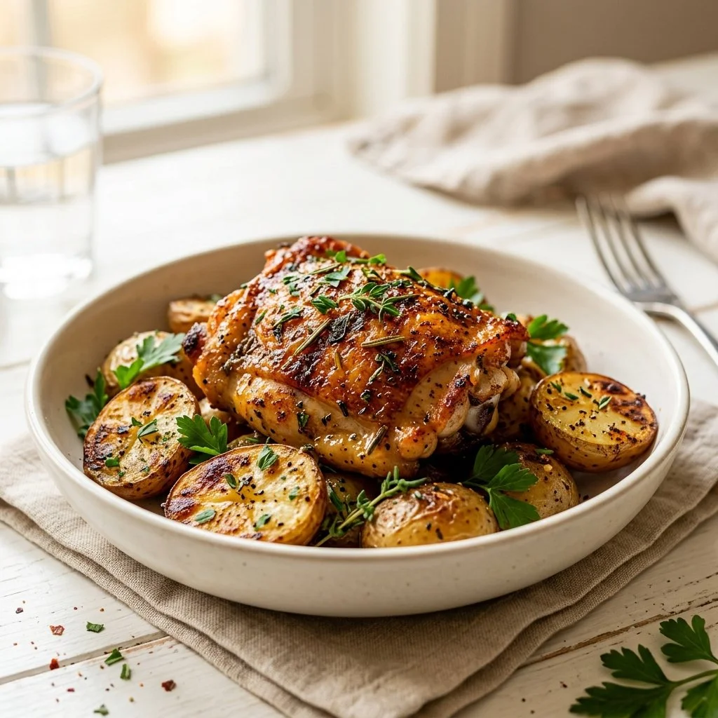 Sheet pan chicken and potatoes recipe with seasoned vegetables