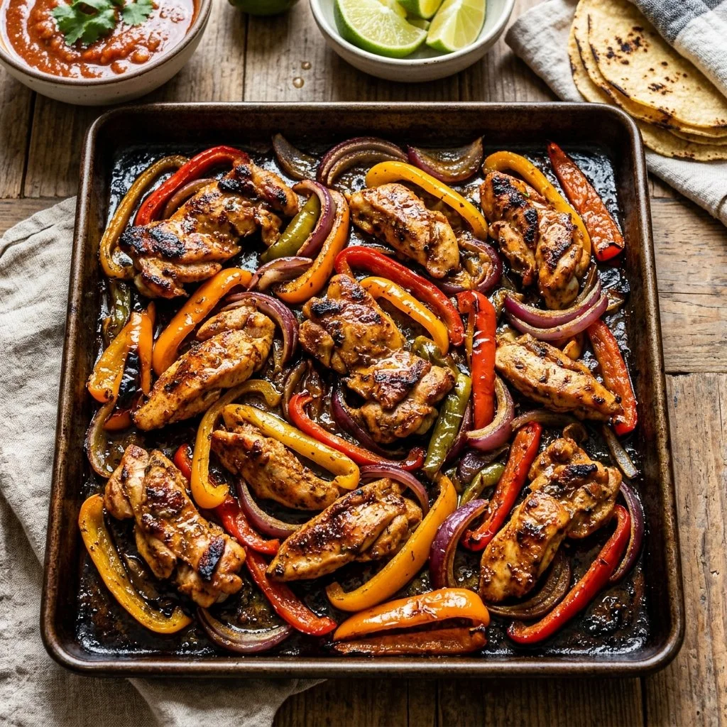 Delicious sheet pan chicken fajitas with colorful peppers and onions