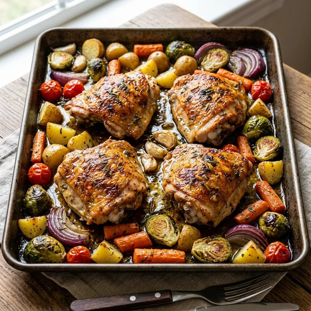 Delicious sheet pan chicken thighs with vegetables, perfect for dinner.
