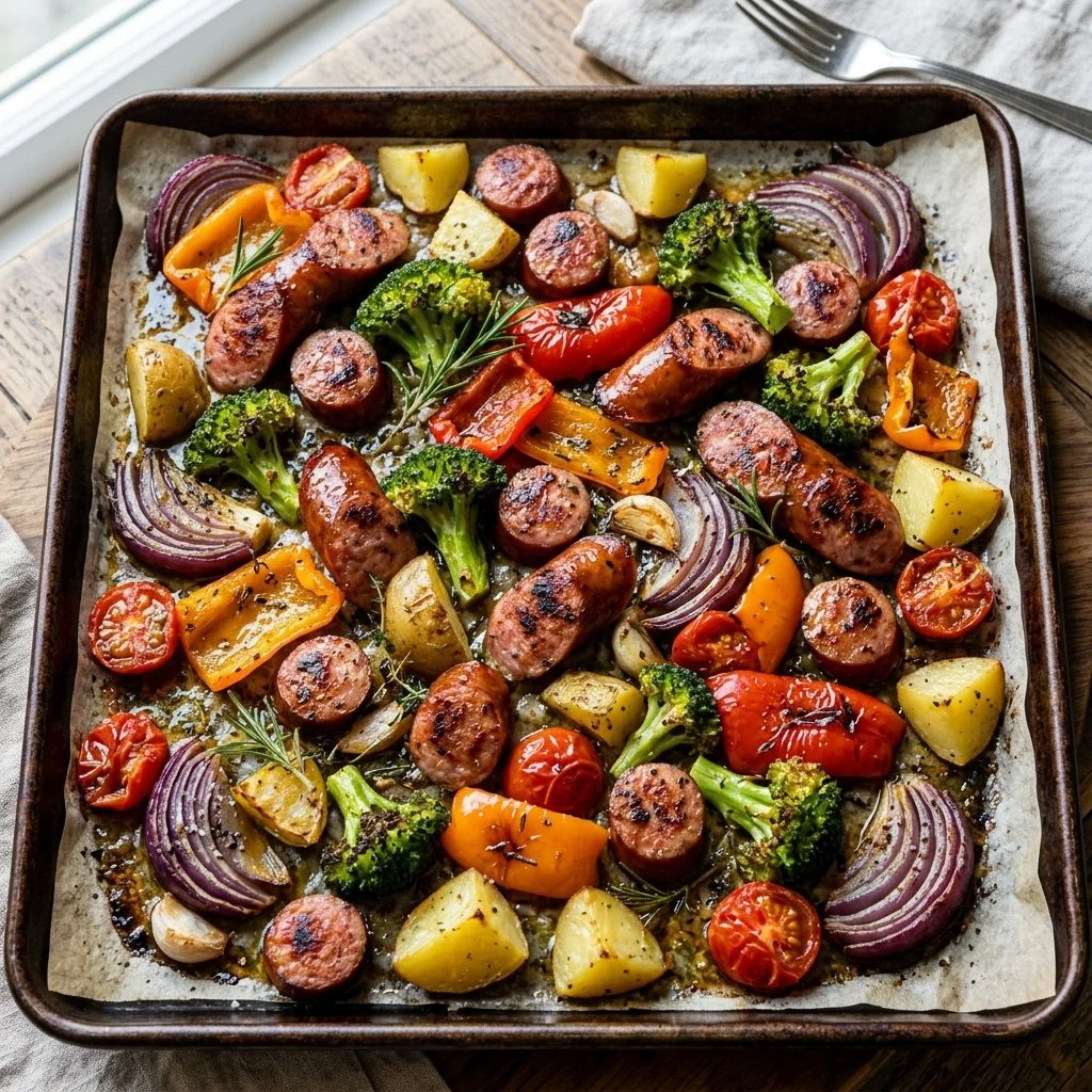 Sheet pan with sausage and assorted roasted veggies