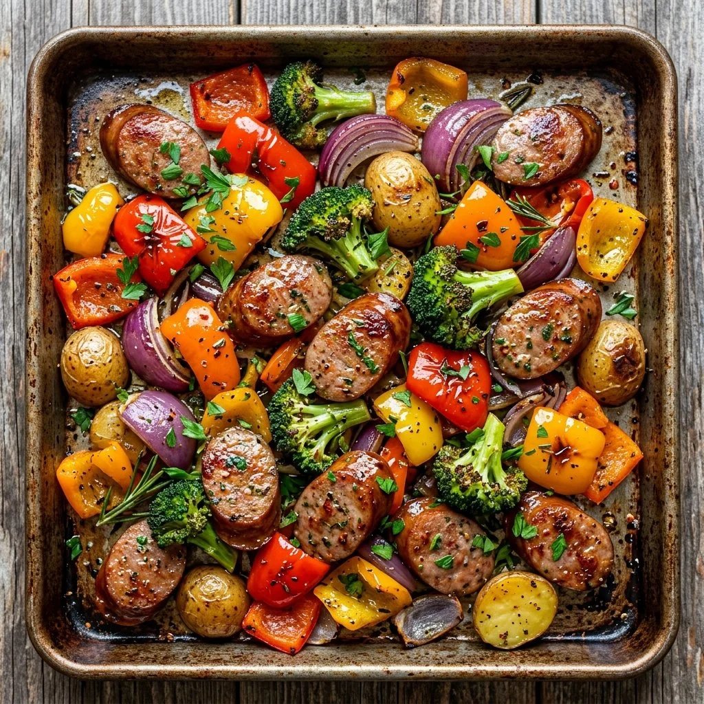 Sheet pan sausage and veggies dish ready to serve.