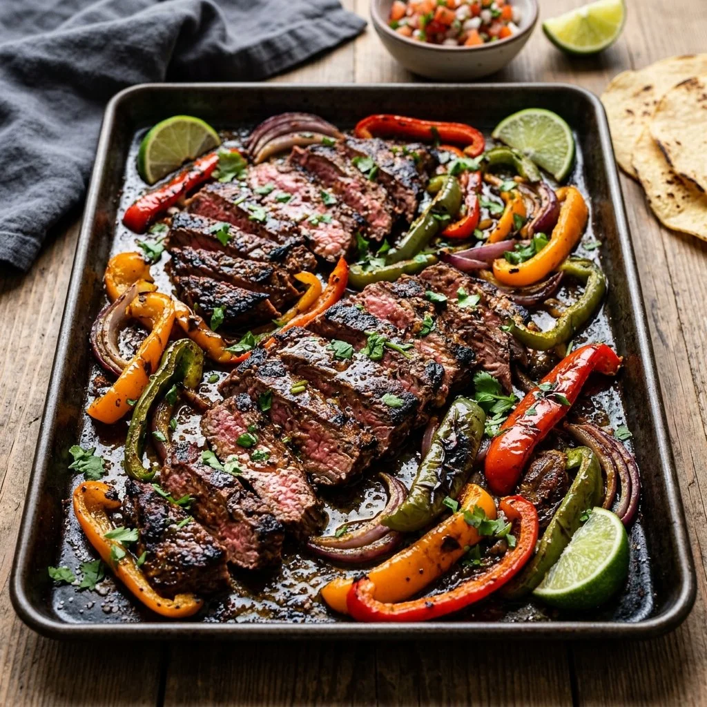 Sheet Pan Steak Fajitas with colorful peppers and onions ready to serve.