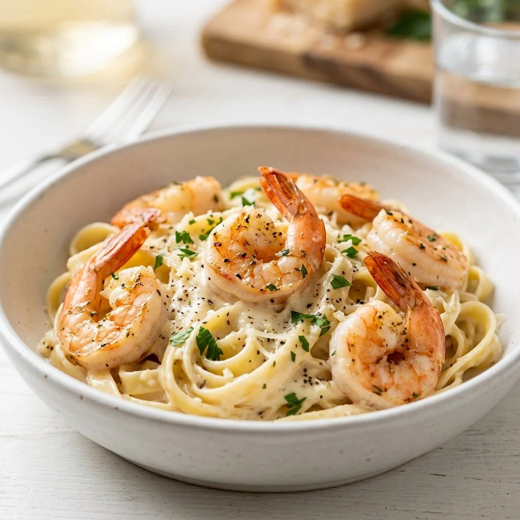 Delicious Shrimp Alfredo pasta topped with shrimp and creamy sauce