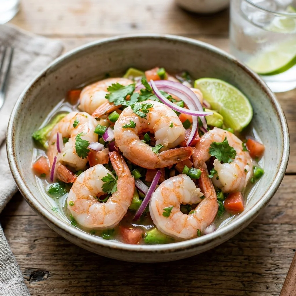 Delicious shrimp ceviche served with fresh ingredients and vibrant citrus flavors
