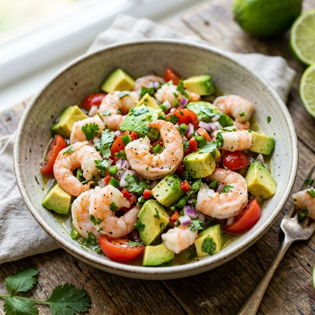 Delicious shrimp ceviche with fresh avocado served in a bowl