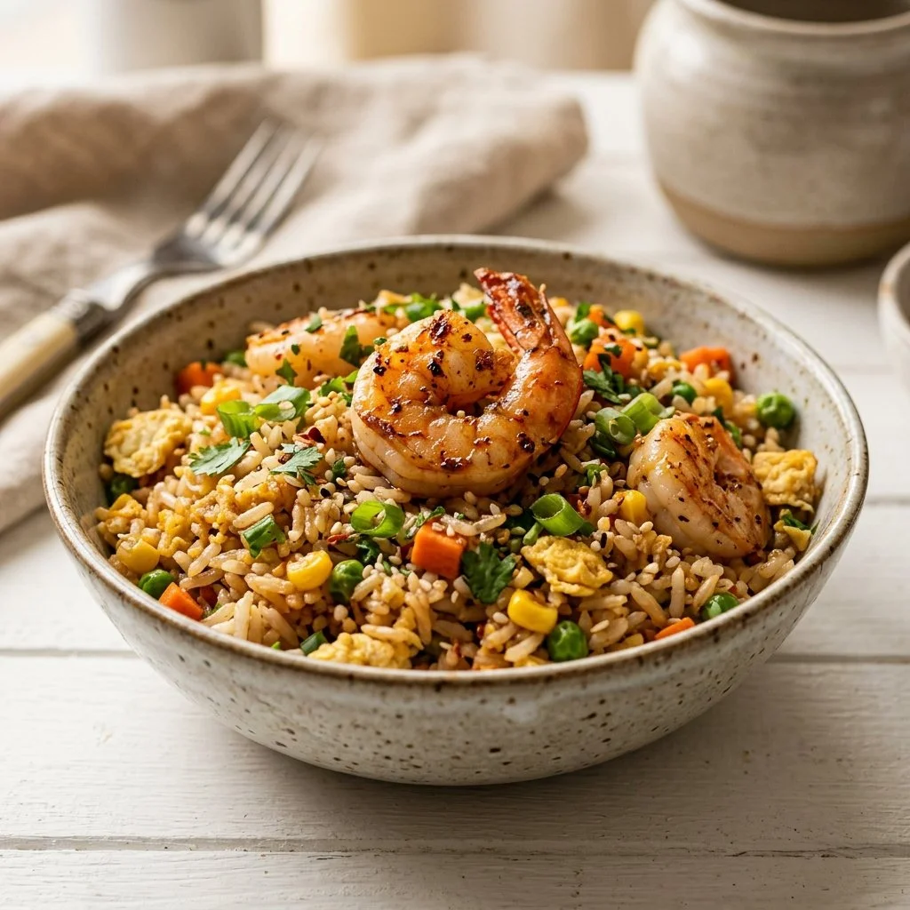 Delicious shrimp fried rice dish garnished with green onions and vegetables