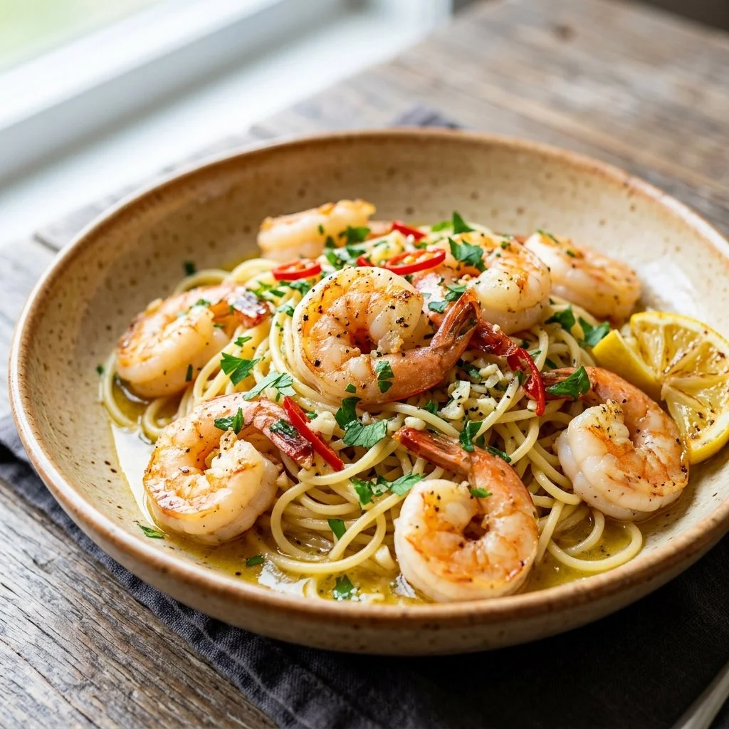 Delicious shrimp scampi served with garlic butter and parsley over pasta