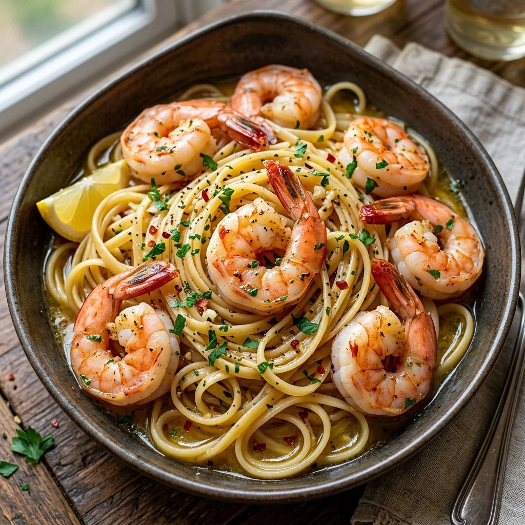 Plate of shrimp scampi pasta with garlic, butter, and parsley garnished