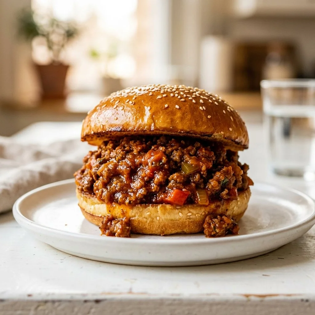 Delicious Sloppy Joes made with ground beef and tangy sauce on a bun.