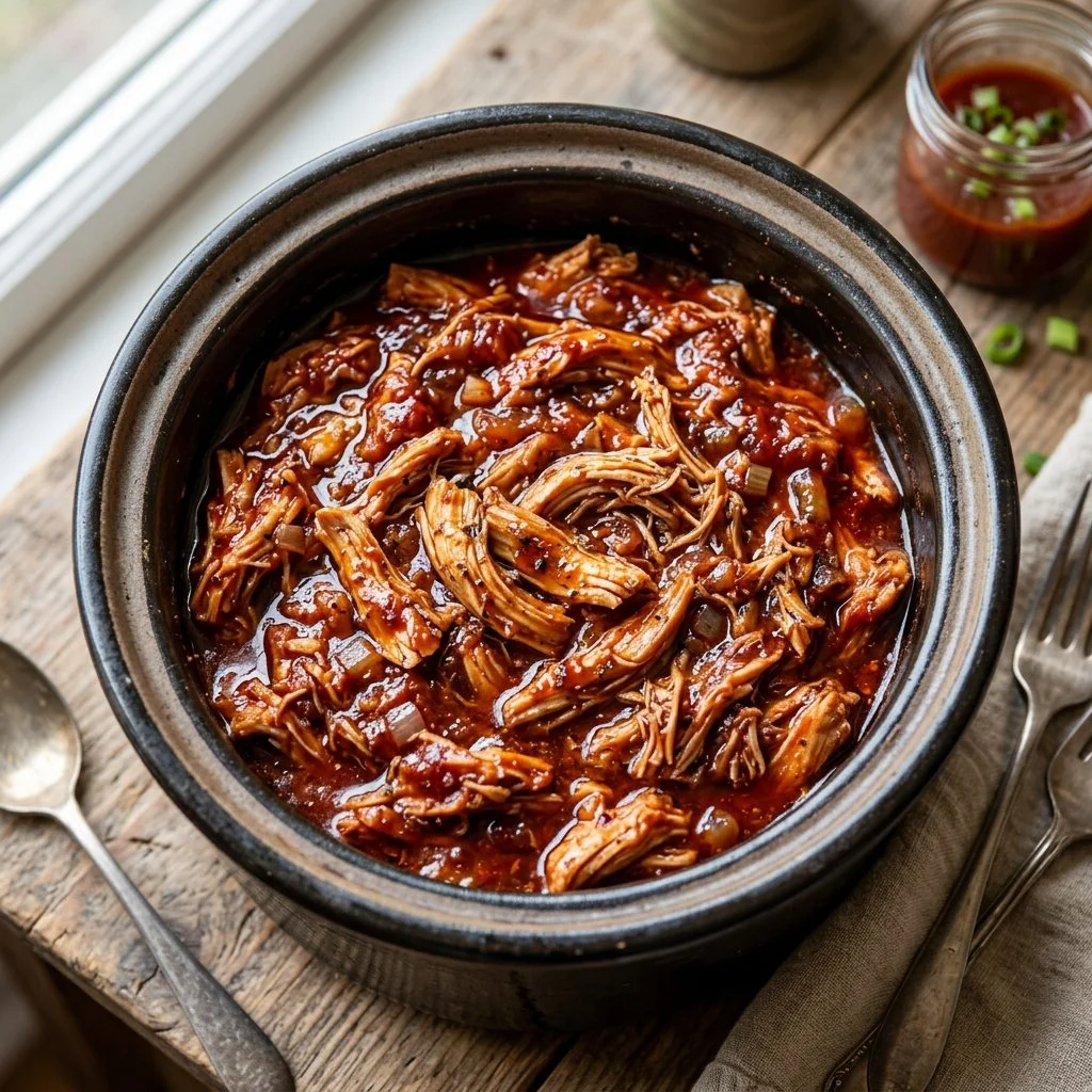 Tender slow cooker BBQ chicken garnished with fresh herbs