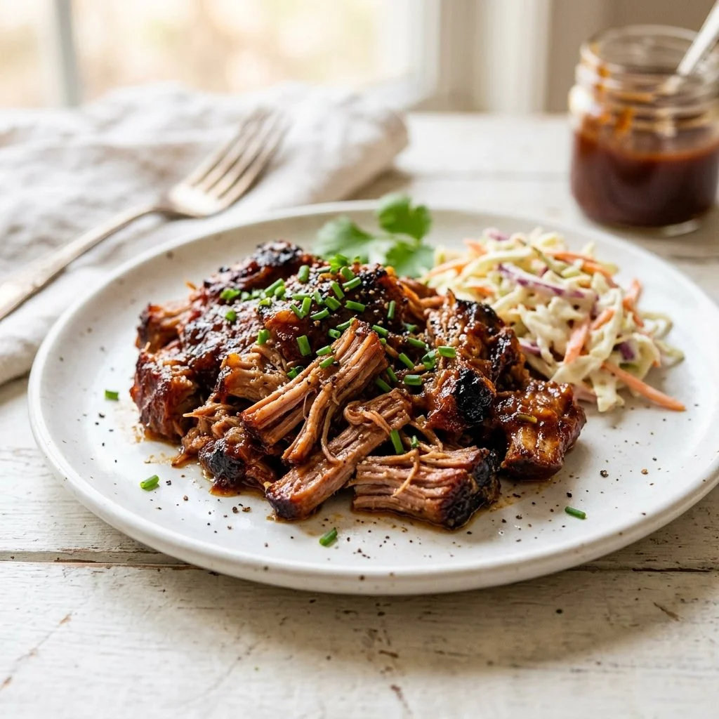 Delicious slow cooker pulled pork served on a plate with coleslaw
