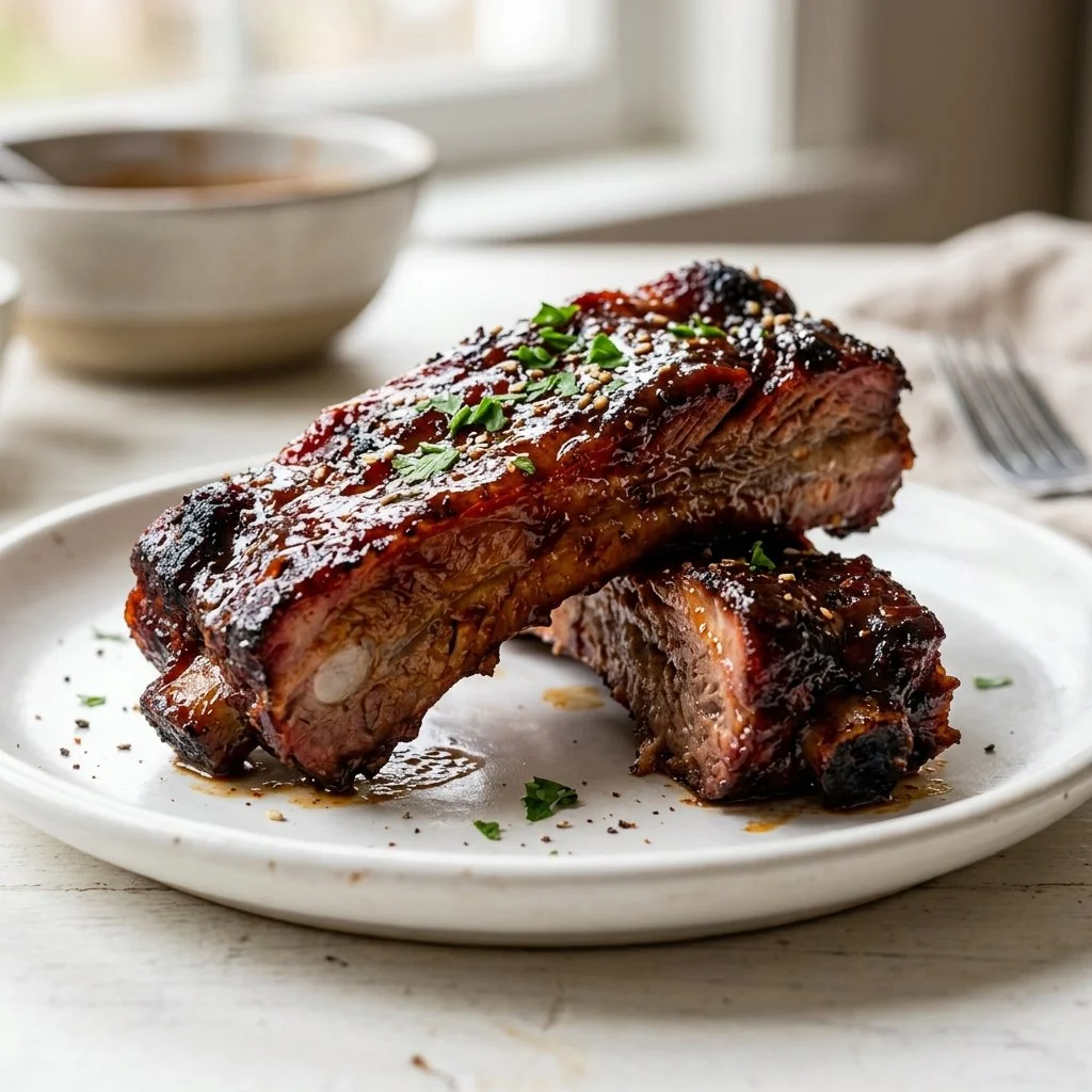 Delicious slow cooker ribs served with barbecue sauce and side dishes