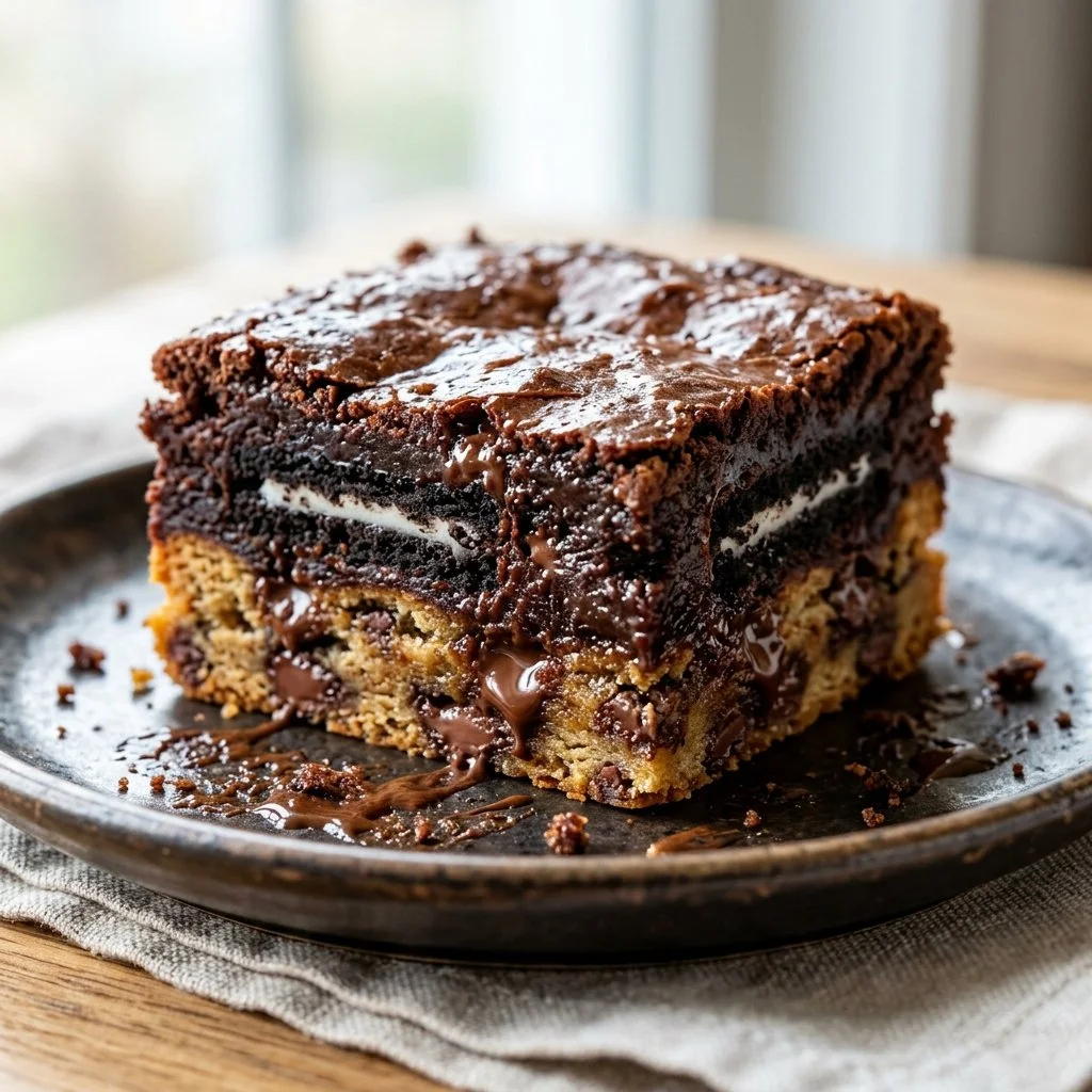 Deliciously layered slutty brownies with cookie dough, Oreos, and brownie batter.