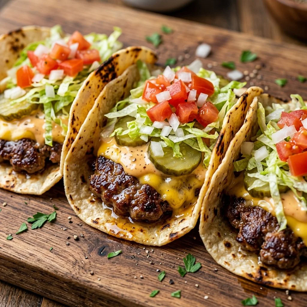 Delicious Smash Burger Tacos served with toppings and sauces