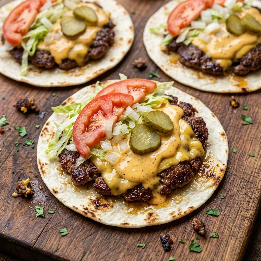 Delicious smash burger tacos featuring juicy beef patties and crispy taco shells.