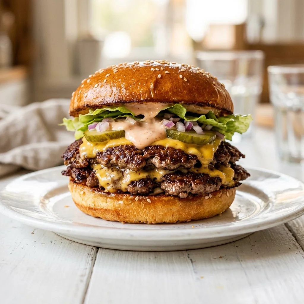 Delicious homemade smash burgers with toppings and golden-brown crust