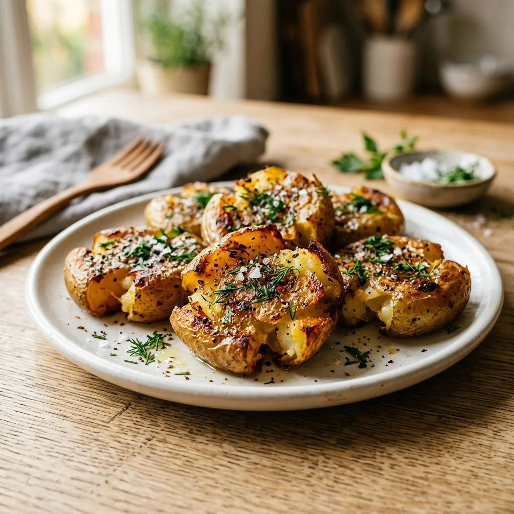 Delicious smashed potatoes with crispy edges served on a plate