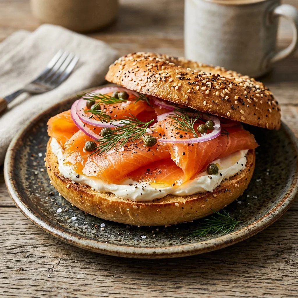 Smoked salmon bagel with cream cheese and fresh toppings