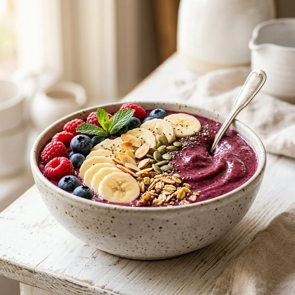 Colorful smoothie bowl topped with fruits and nuts for a healthy breakfast