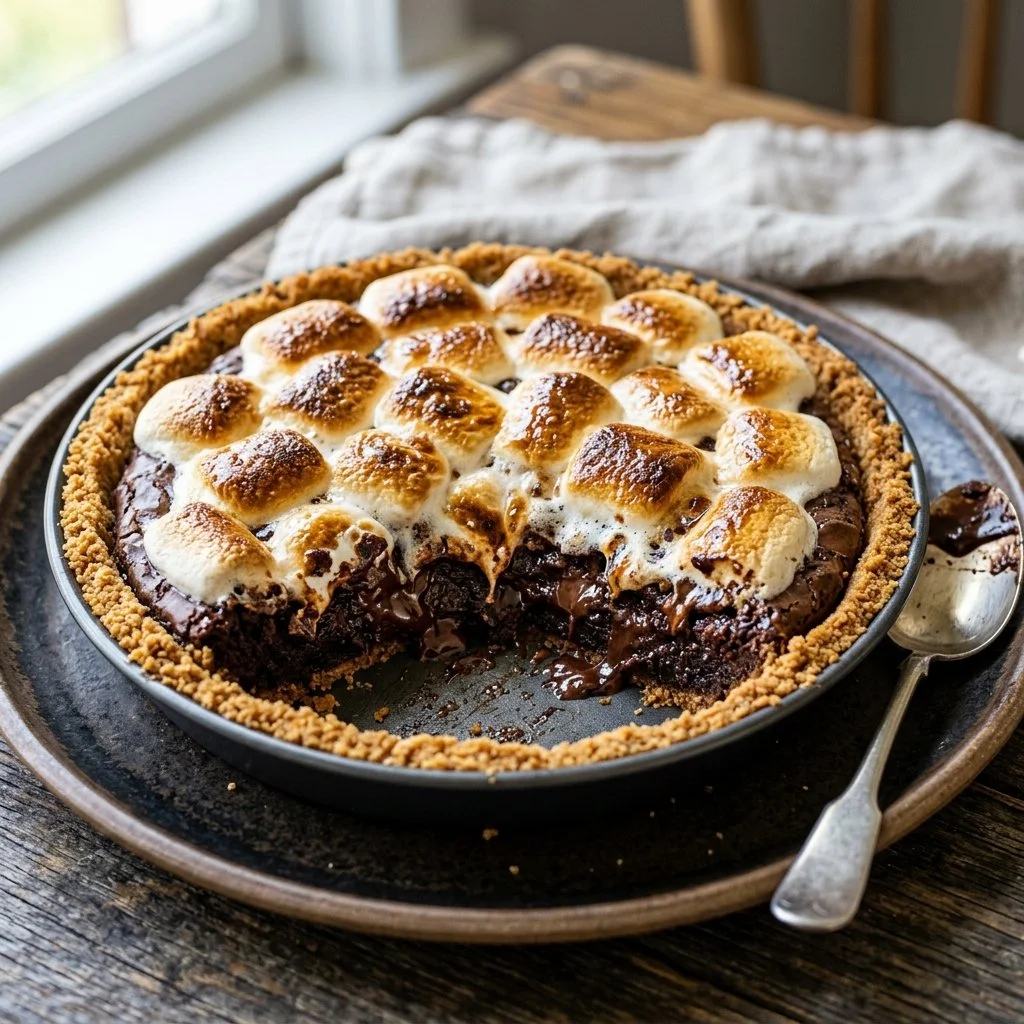 Delicious S'mores Brownie Pie topped with marshmallows and graham crackers