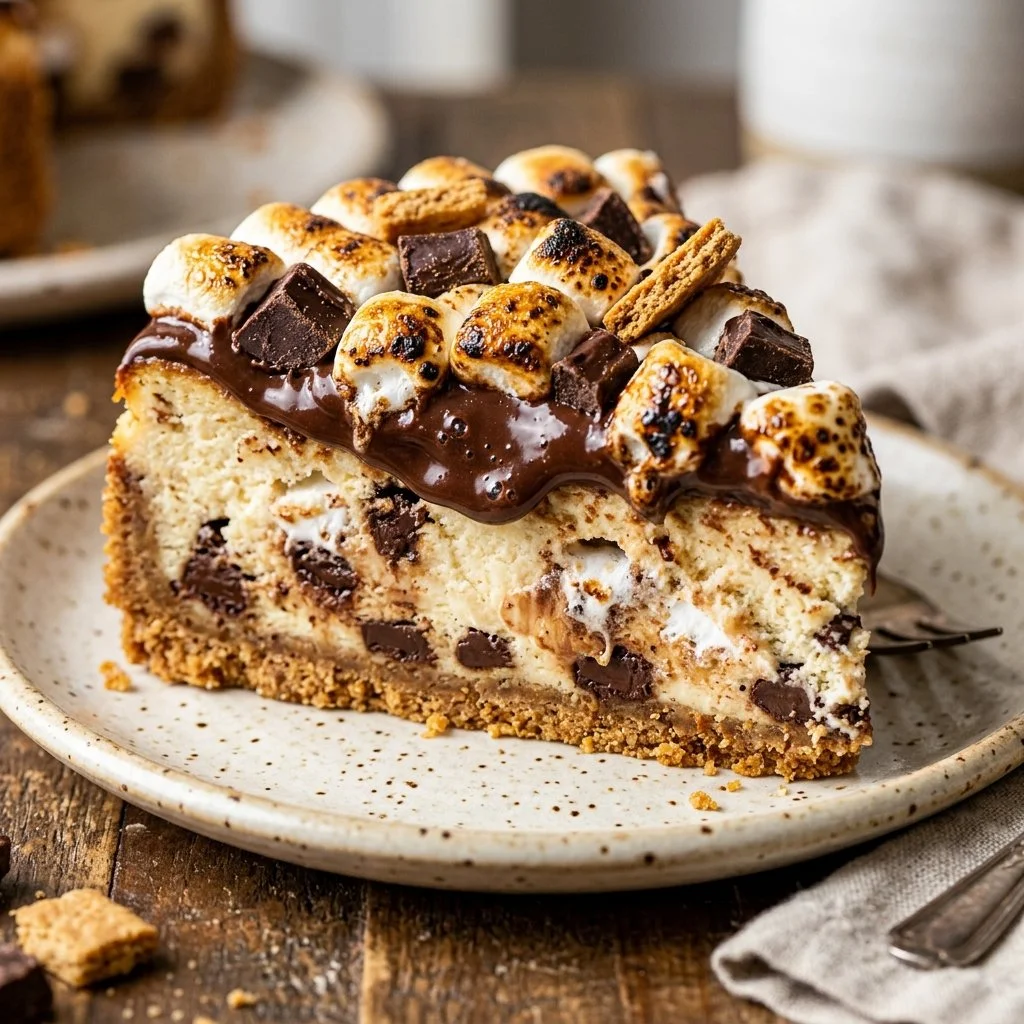 Decadent S'mores Cheesecake topped with chocolate and marshmallows
