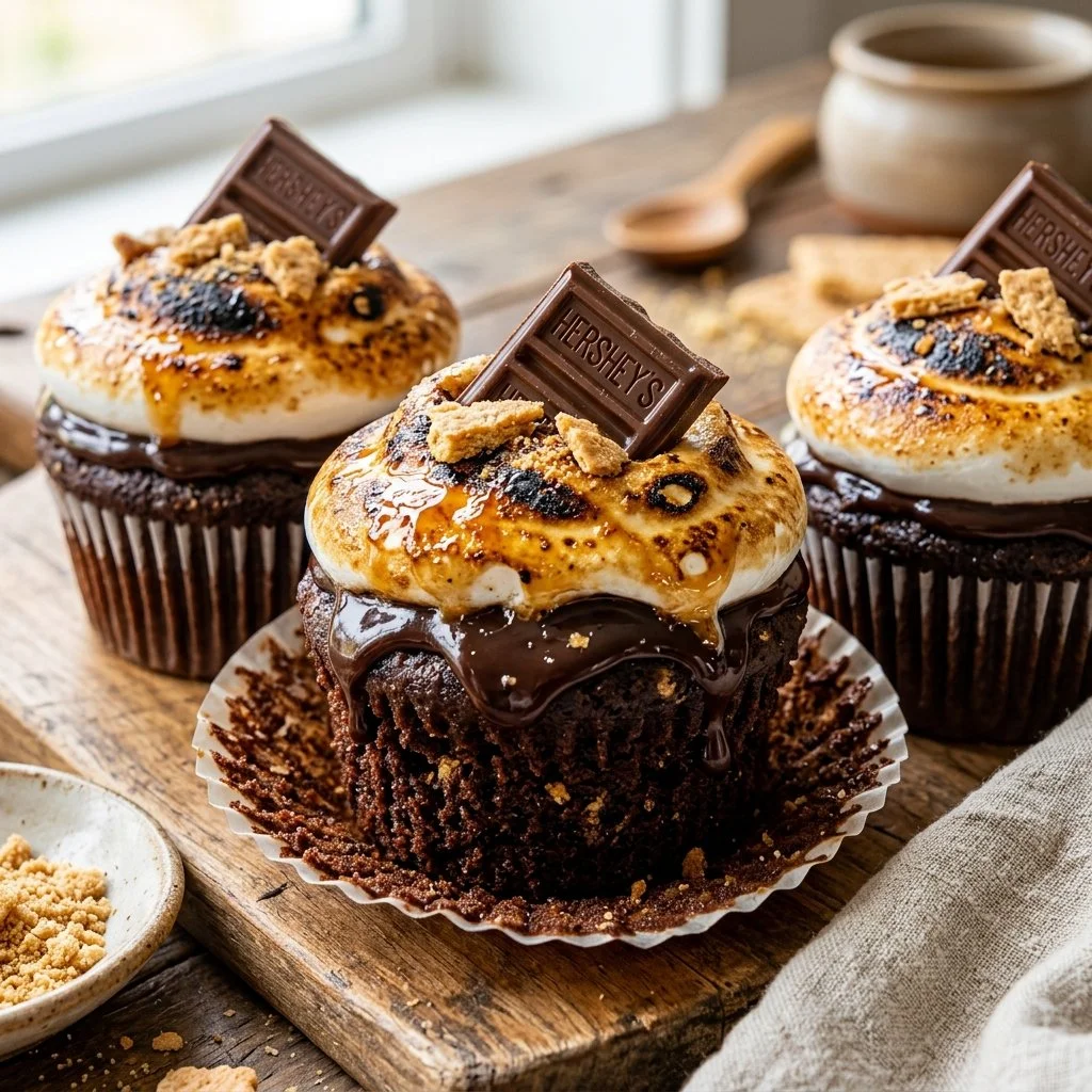 Delicious S'mores Cupcakes topped with chocolate ganache and toasted marshmallows
