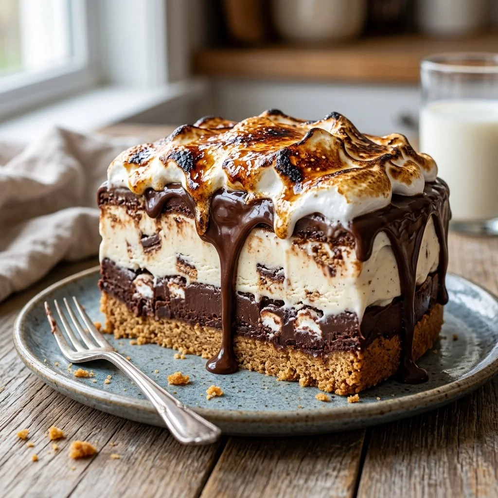 Delicious S'mores Ice Cream Cake with chocolate, marshmallow, and graham cracker layers