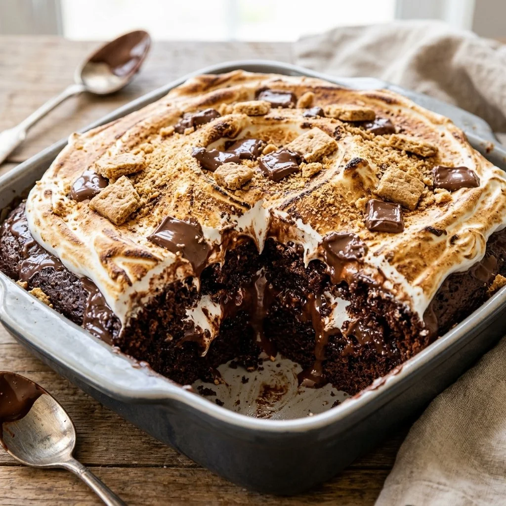 Delicious S'mores Poke Cake with chocolate, marshmallows, and graham cracker topping