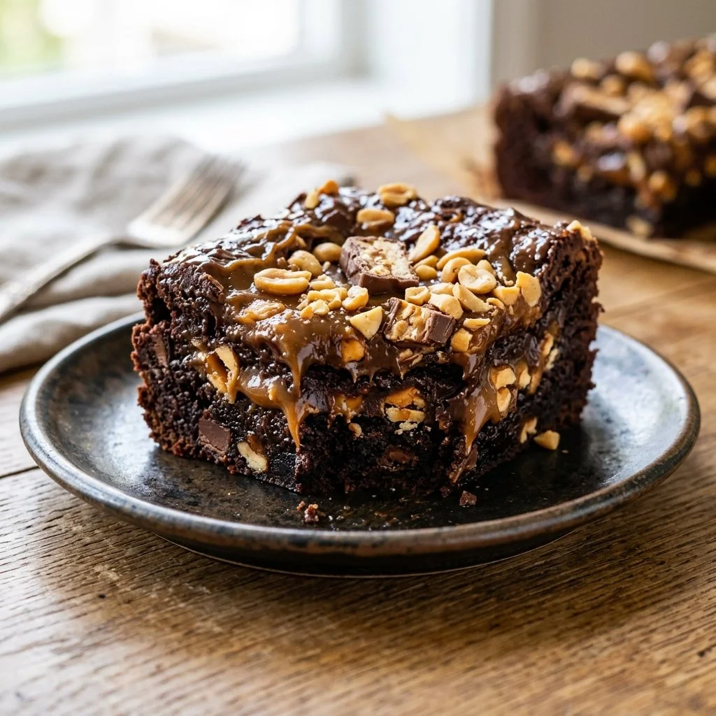 Delicious homemade Snickers brownies with chocolate, caramel, and nuts