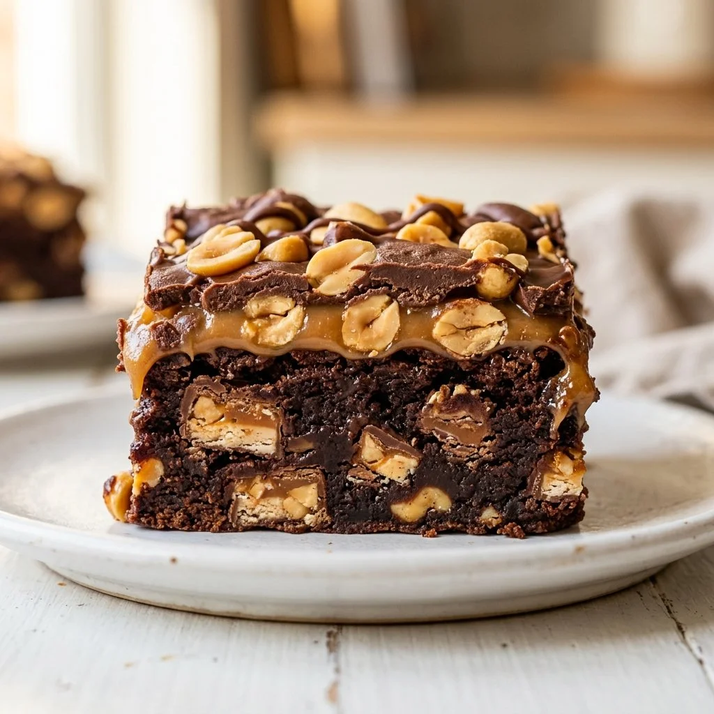 Delicious Snickers brownies topped with chocolate and caramel drizzle.