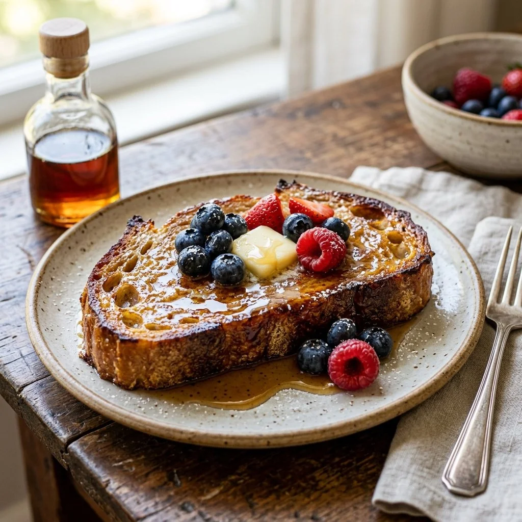 Sourdough French toast served with syrup and berries on a plate.