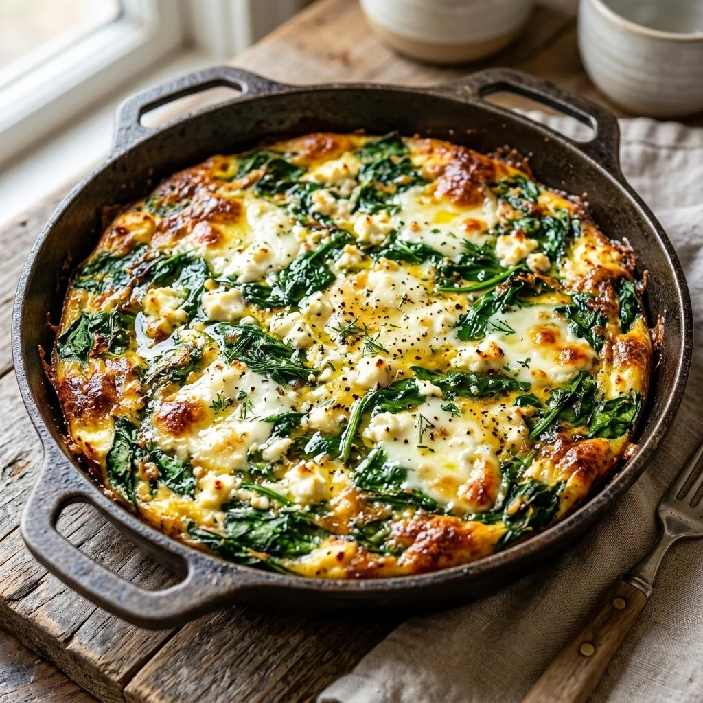 Delicious spinach and feta frittata served on a white plate