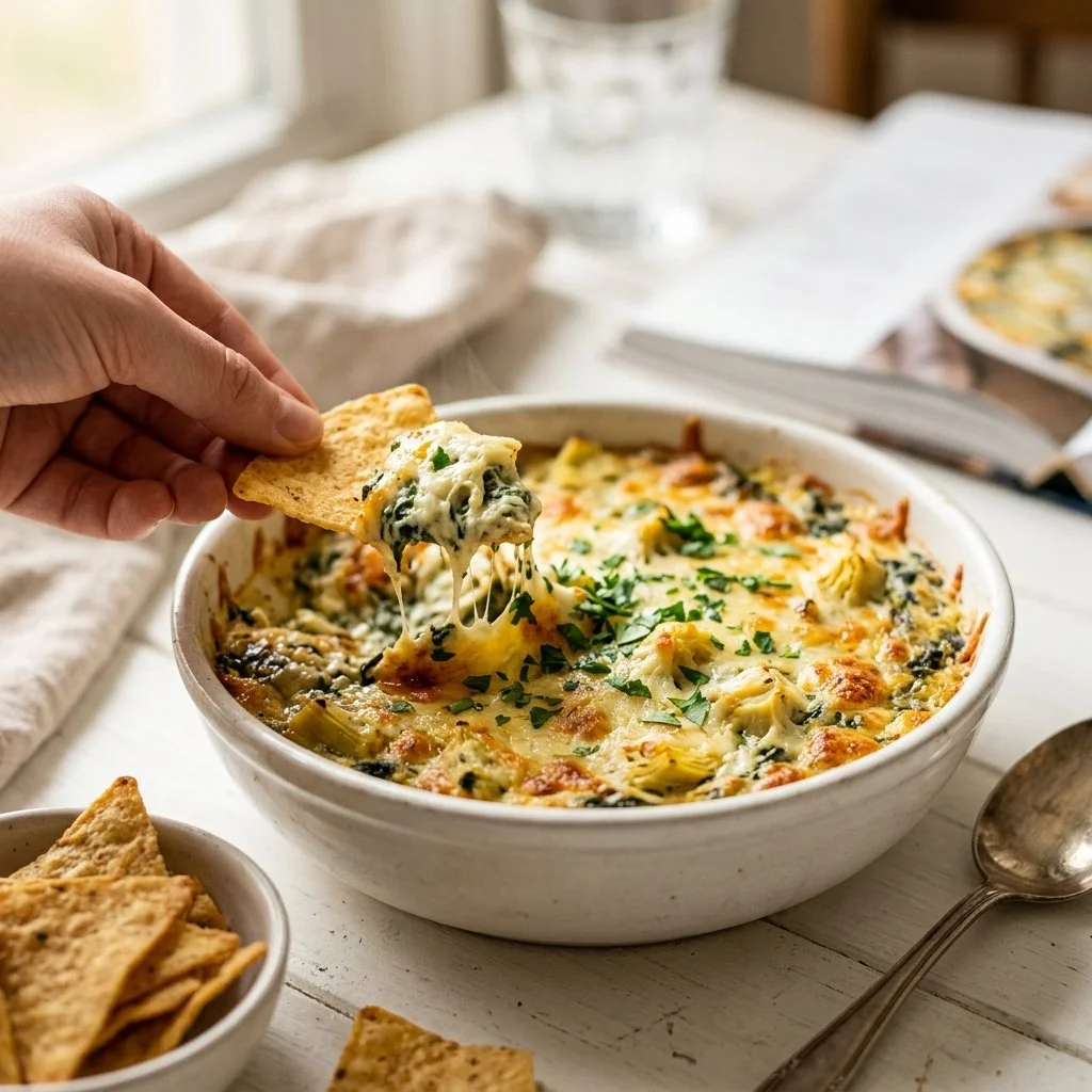 Creamy spinach artichoke dip served with crackers and vegetables