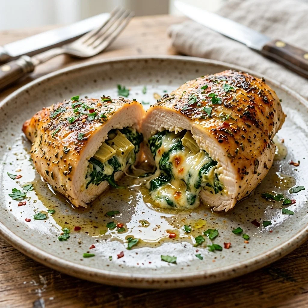 Spinach artichoke stuffed chicken breast with a creamy filling