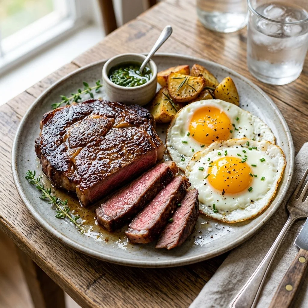 Plate of steak and eggs served with fresh herbs and toast