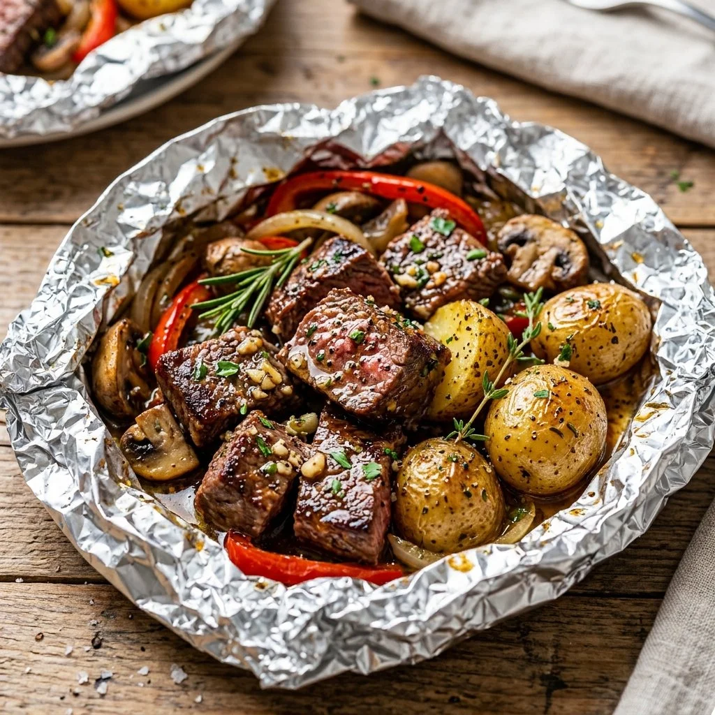 Steak and Potato Foil Packets ready for grilling with fresh vegetables