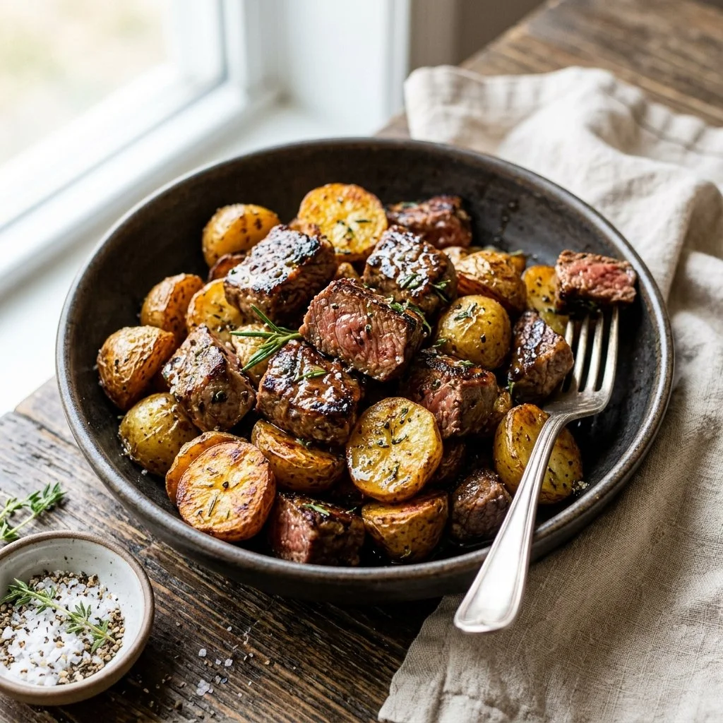 Delicious steak bites served with golden potatoes on a plate