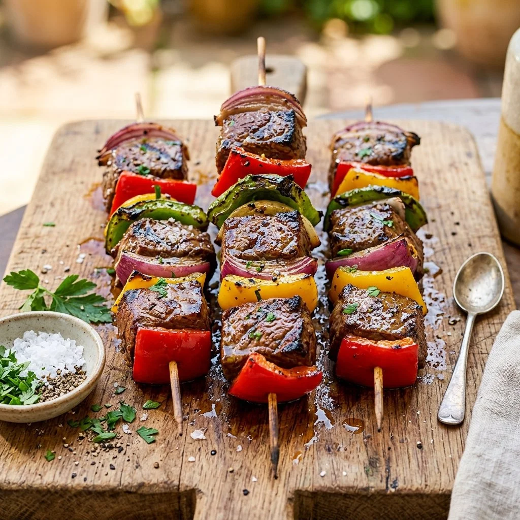 Grilled steak kabobs with colorful vegetables on skewers.